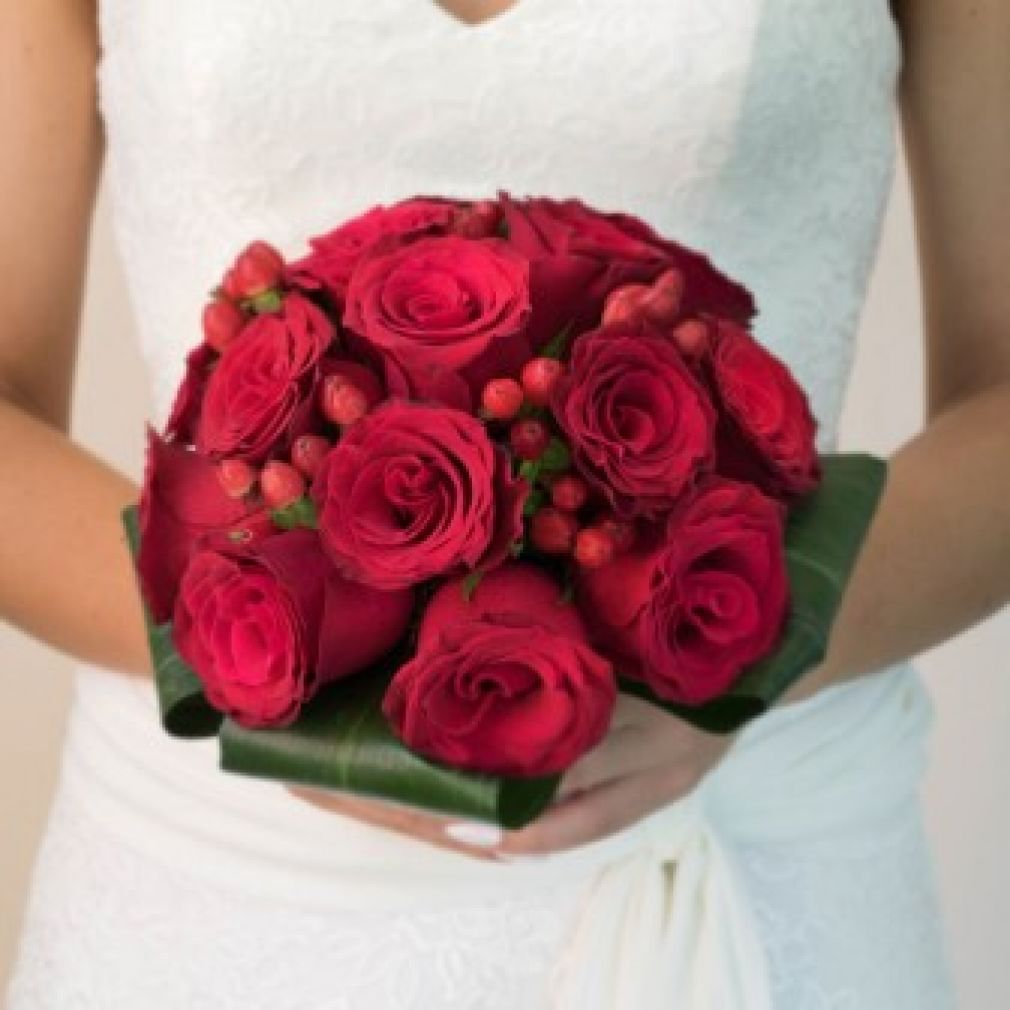 Bridal Bouquet with Red Roses and Herbs